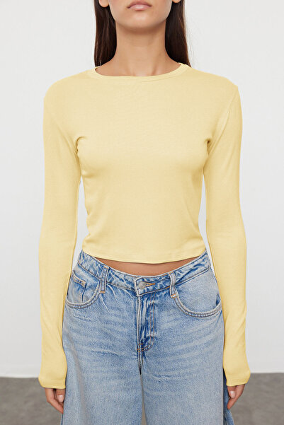 Trendyol Collection Yellow Premium Viscose Crew Neck Crop Stretchy Knitted Blouse Twoaw24Bz00116