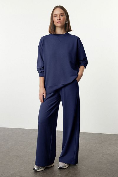 Trendyol Collection Navy Blue Relaxed/Άνετη εφαρμογή Πλεκτό φούτερ με φαρδύ πόδι/φαρδύ πόδι/σετ φούτερ TWOAW25EM00004