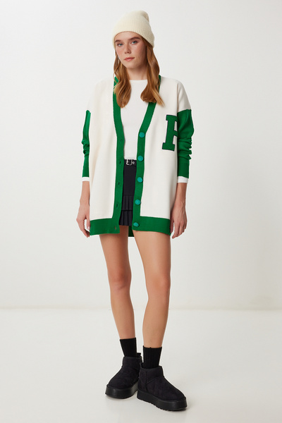 Happiness İstanbul Γυναικεία Πλεκτά Ζακέτα με Αντίθεση Χρώματος Πράσινο Κόκκαλο YY00262