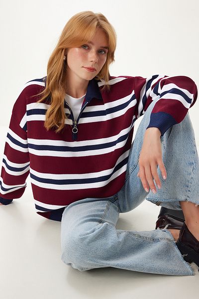 Happiness İstanbul Women's Navy Blue Burgundy Polo Neck Striped Knitwear Sweater Pf00118