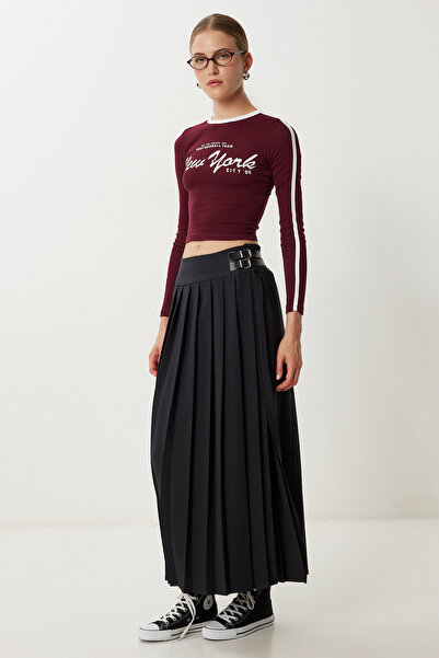 Happiness İstanbul Fusta țesută pliată cu centură neagră de damă YY00266