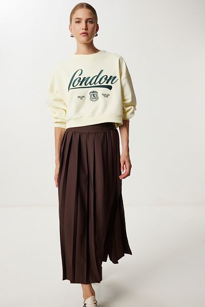 Happiness İstanbul Women's Brown Belt Detailed Pleated Woven Skirt Yy00266