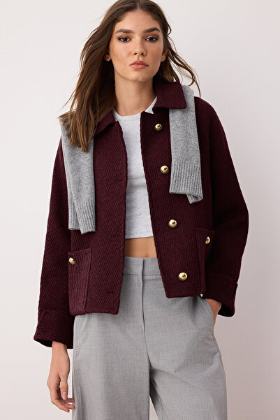Trendyol Collection Bordo Regular Fit Cashmere Knitwear Pocket Detailed Slim Jacket Coat Twoaw26Mo00113