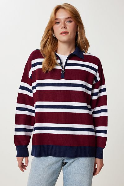 Happiness İstanbul Women's Navy Blue Burgundy Polo Neck Striped Knitwear Sweater Pf00118