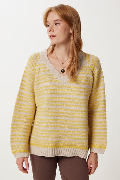 Happiness İstanbul Women's Beige Yellow Striped Oversize Knitwear Sweater Nv00077