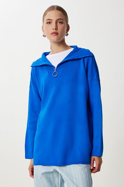 Happiness İstanbul Women's Dark Blue Zippered Oversize Knitwear Sweater Yy00263