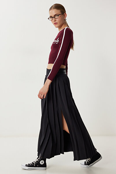 Happiness İstanbul Fusta țesută pliată cu centură neagră de damă YY00266