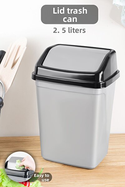 Meleni Home 2.5 Liter Plastic Trash Can with Lid - Home Office Bathroom Kitchen Countertop Trash Can Gray