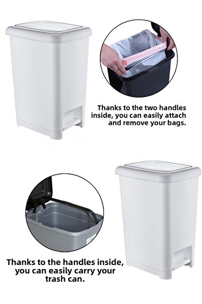 PONÇİK STORE White Bathroom Kitchen Trash Can with Pedal Black Lid Slim Pedal Trash Can 40 Liters