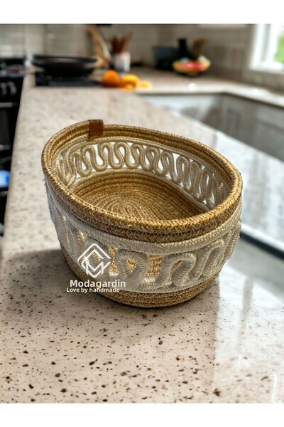 ModaCardin Jute Wicker Septet Organizer - Κεντημένο καλάθι ψωμιού και φρούτων