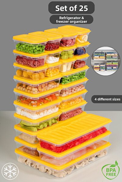 Meleni Home Set de depozitare 25 bucăți potrivit pentru cuptorul cu microunde și difuzor - 1x2400ml 4x1170ml 8x600ml 12x240ml Galben