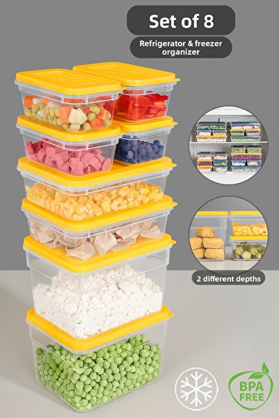 Meleni Home Set de 8 organizatoare galbene pentru frigider - Recipiente pentru congelator pentru cuptor cu microunde adânc și superficial