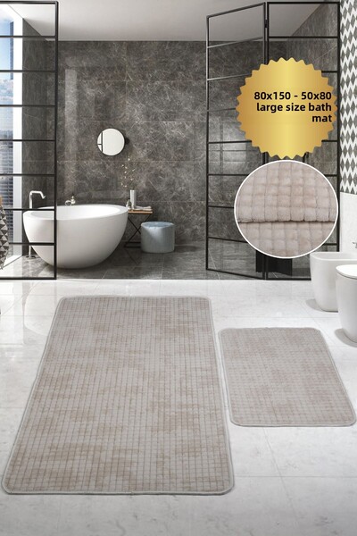 Teksev Kare Plus Cream Large Size (80X150 + 50X80 cm) 2-Piece Bath Mat Washable Toilet Set