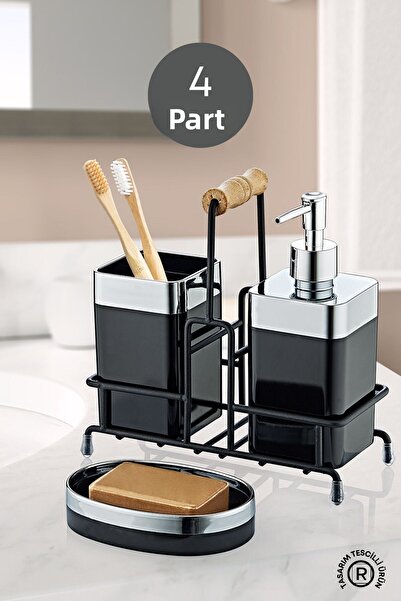 grimorlife Metal Stand Chrome Detailed Bathroom Set Black - Liquid Soap Dispenser Solid Soap Dispenser Toothbrush Holder