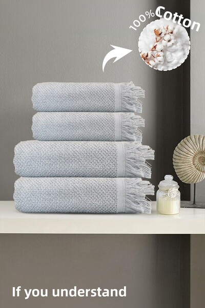 Anılsan طقم مناشف جيلينا رمادية مكونة من 4 قطع 100% قطن - 2 منشفة يد 50x90 و2 منشفة حمام 70x140