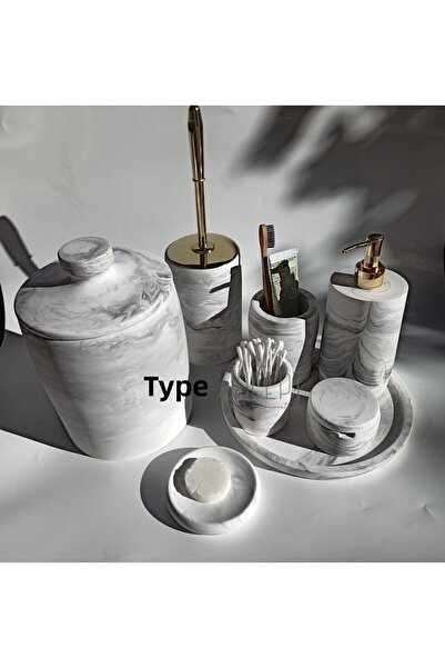 Ture Concept Σετ μπάνιου Marble Look Κάδος απορριμμάτων, βούρτσα τουαλέτας, δίσκος, θήκη σαπουνιού, βαμβακερή θήκη, θήκη για κελύφη