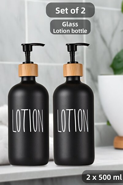 Meleni Home 2 Black Bathroom Soap Dispensers - Glass Lotion Shampoo Bottle 500 ml