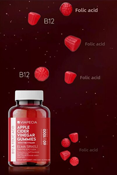 Viapecia Apple Cider Vinegar B12 & Folic Acid Gummy 60 Pieces Gummies B12 and Folic Acid