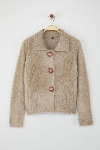 Trendyol Collection Mink Rose Button Detailed Boucle Yarn Wide Fit Knitwear Cardigan Twoaw26Hi00109