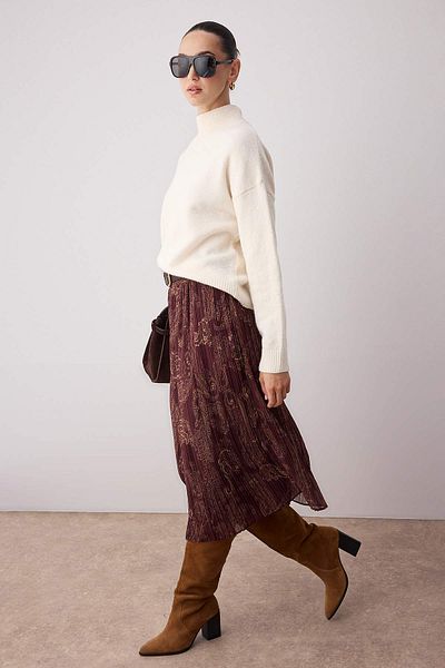 Trendyol Collection Fusta midi din șifon țesut cu model de șal burgundy TWOAW26ET00041