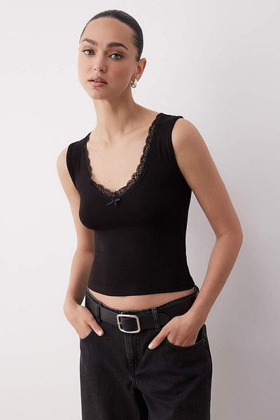 Trendyol Collection Black Lace Detail V-Neck Cotton Stretch Knitted Tank Top Twoss25Bz00597