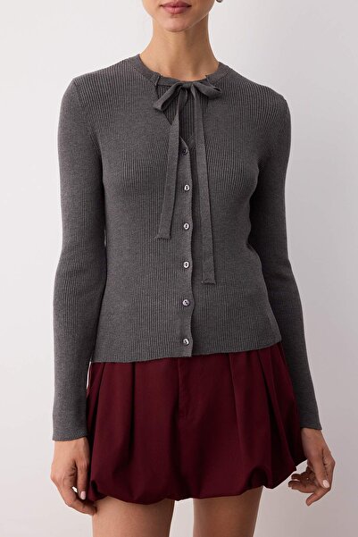 Trendyol Collection Dark Gray Mercerized Look Collar Tie Detail Fitted/Body Hugging Knitwear Cardigan Twoaw26Hi00085
