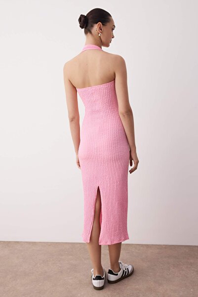 Trendyol Collection Pink Textured Halter Bodycone/Fitted Stretchy Maxi Knitted Dress Twoss25El00900