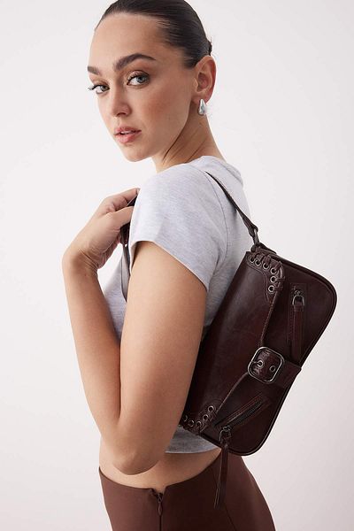 TRENDYOL SHOES Dark Brown Eyelet Detailed Mini Women's City Hand and Shoulder Bag Takss25Oc00086