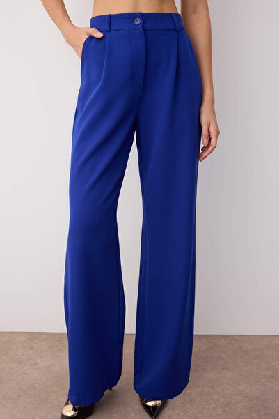Trendyol Collection Modré kalhoty z tkané látky s vysokým pasem/široká nohavice Twoaw21Pl0076