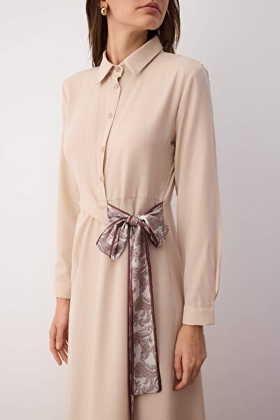 Trendyol Modest Beige Scarf Belted Dress Tctaw26Eb00018