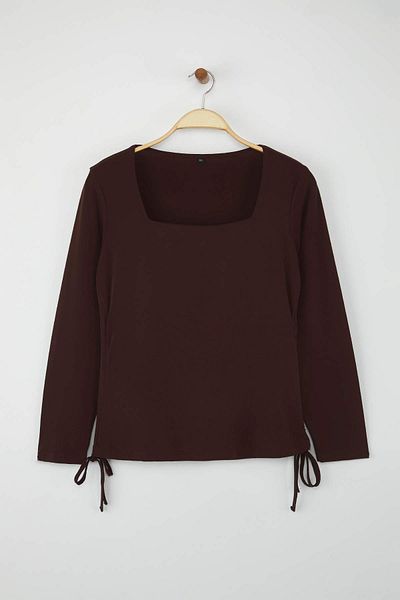 Trendyol Curve Braune Sandy Strickbluse in Übergröße