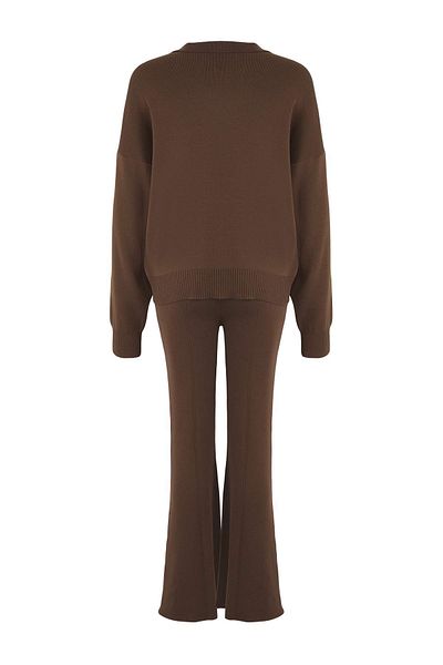 Trendyol Collection Wardrobe Essentials Brown Scoop Collar Cotton Sweaterpants Knitwear Bottom-Top Set |   Twoaw26Au00002Au00002
