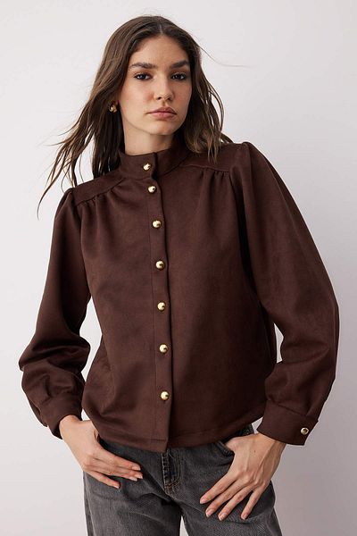 Trendyol Collection Dunkelbraune, schmale Wildlederjacke mit Knopfleiste TWOAW26CE00030