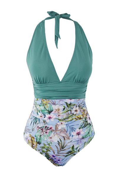 Trendyol Collection Floral Pattern Deep V Gathered Swimsuit Tbess25Ma00134