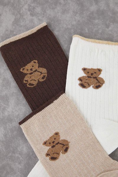 Trendyol Collection Brown-Beige 3 Pack Teddy Bear Jacquard Knitted Socks Thmaw26Co00002