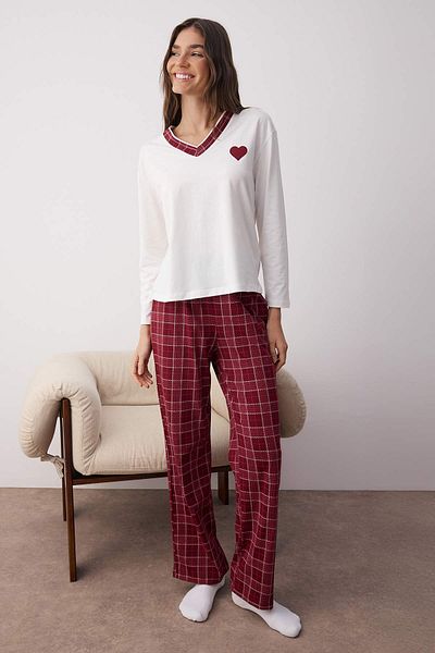 Trendyol Collection Burgundy 100% Cotton Heart Plaid Knitted Pajamas Set Thmaw26Pt00063