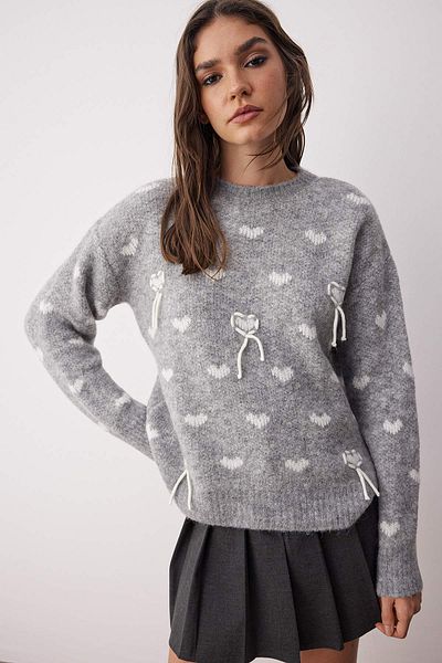 Trendyol Collection Gray Wool Blend Heart Pattern Oversize/Wide Fit Knitwear Sweater Twoaw26Kz00018