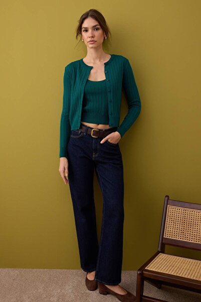 Trendyol Collection Dark Green 2-Piece Basic Knitwear Cardigan-Blouse Set Twoaw26Hi00213