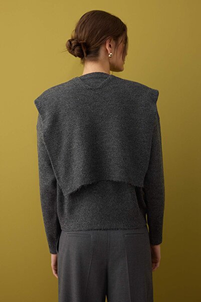 Trendyol Collection Anthracite Soft Textured Wide Fit Shawl Detailed Knitwear Sweater Twoaw26Kz00166