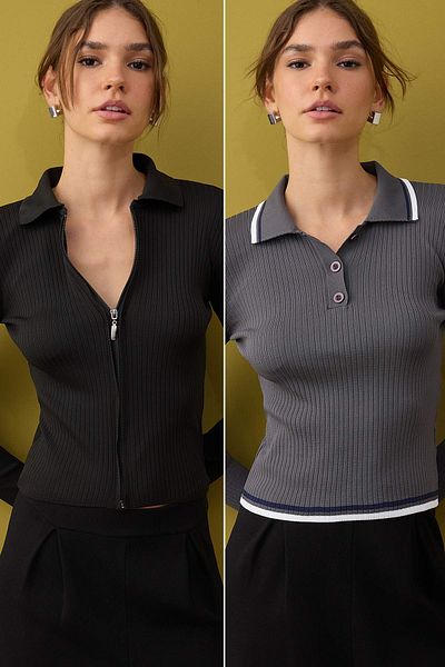 Trendyol Collection Grey-Black Basic Short/Crop Double Pack Knitwear Cardigan-Sweater Twoaw26Kz00116