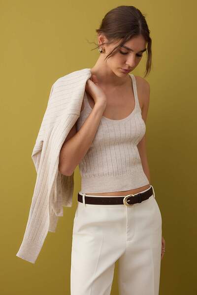 Trendyol Collection Beige 2-Piece Basic Knitwear Cardigan-Blouse Set Twoaw26Hi00213