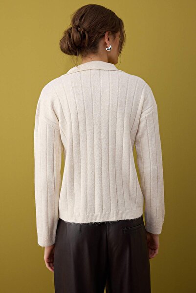 Trendyol Collection Ecru Wool Basic Polo Neck Knitwear Cardigan | Twoaw26Hi00084 