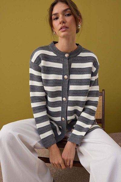 Trendyol Modest Gray Striped Openwork Knitwear Tctaw26Th00010