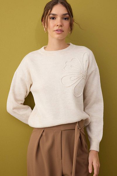 Trendyol Collection Stone Soft Textured Floral Patterned Knitwear Sweater Twoaw26Kz00110
