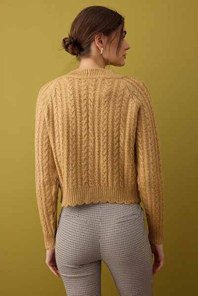 Trendyol Collection Stone Soft Textured Pearl Button Detail Crop Knitwear Cardigan Twoaw26Hi00185