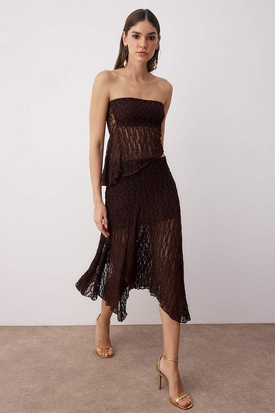 Trendyol Collection Brown Straight Strapless Sleeveless Knitted Lace Stylish/Evening Bottom - Top Set Tprss25Au00011