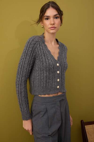 Trendyol Collection Anthracite Soft Textured Pearl Button Detailed Crop Knitwear Cardigan Twoaw26Hi00185