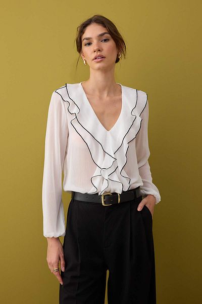 Trendyol Collection Ecru Contrast Piping Boho Woven Blouse Twoaw26Bz00144