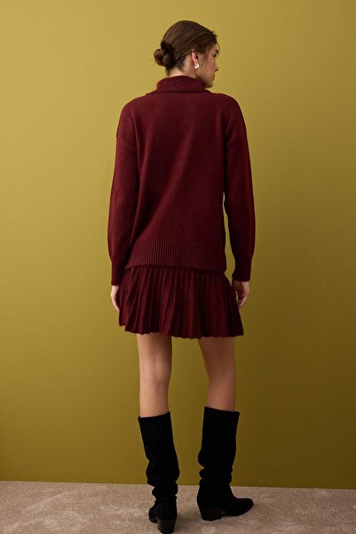 Trendyol Collection Burgundy Soft Textured Turtleneck Sweater-Skirt Knitwear Bottom - Top Set Twoaw26Au00023
