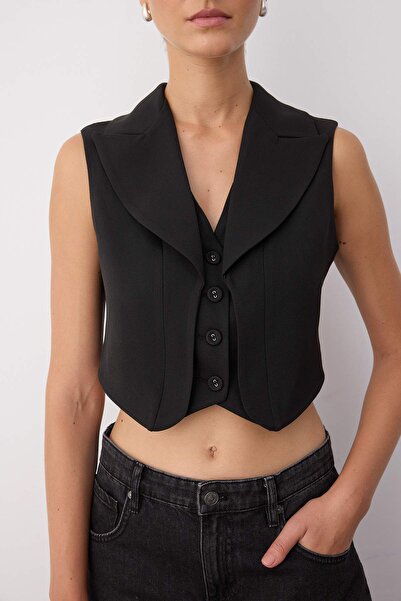 Trendyol Collection Black Crop Button Jacket Collar Woven Vest Twoaw26Ye00016